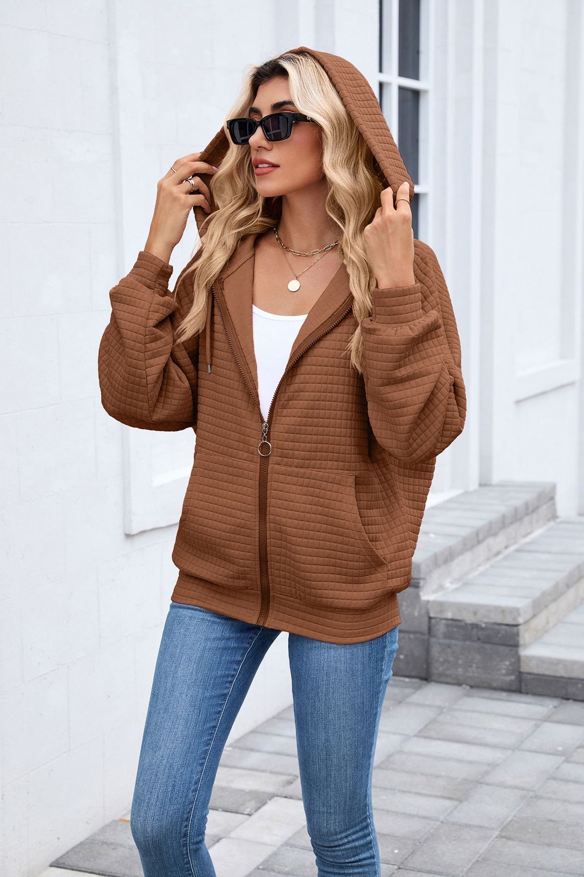 Women's Oversized Quilted Zip-Up Hoodie Jacket Pockets