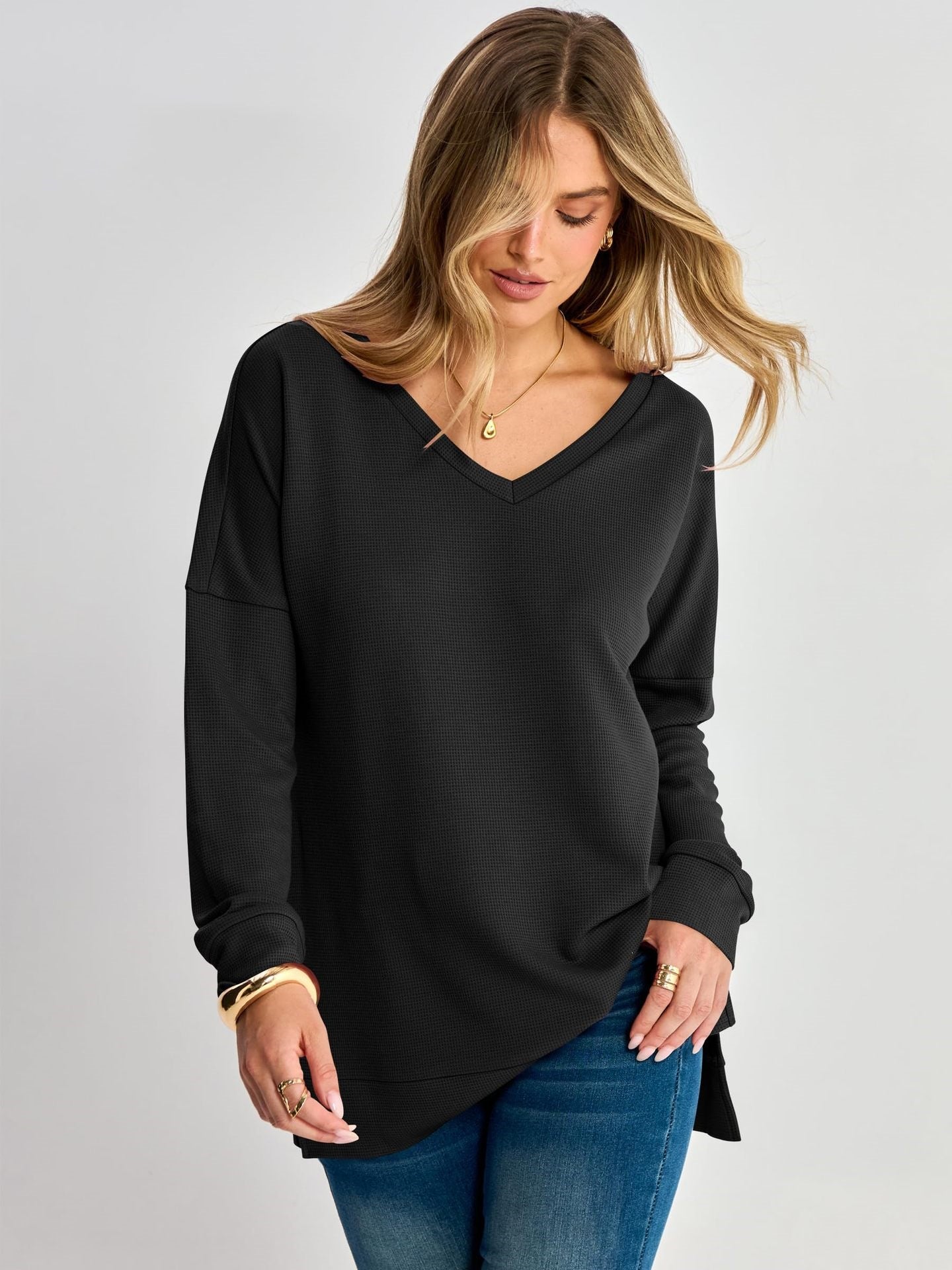 Waffle Knit V Neck Top Relaxed Long Sleeve