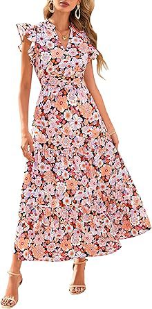 Floral V Neck Flutter Sleeve A Line Midi Dress