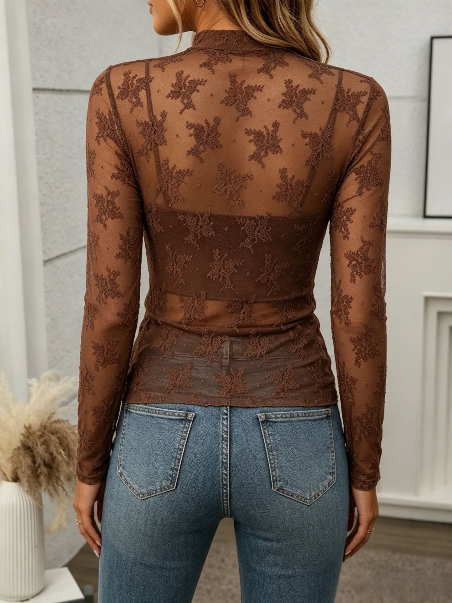Floral Mesh Bodysuit Vintage Sheer Long Sleeve Slim Fit