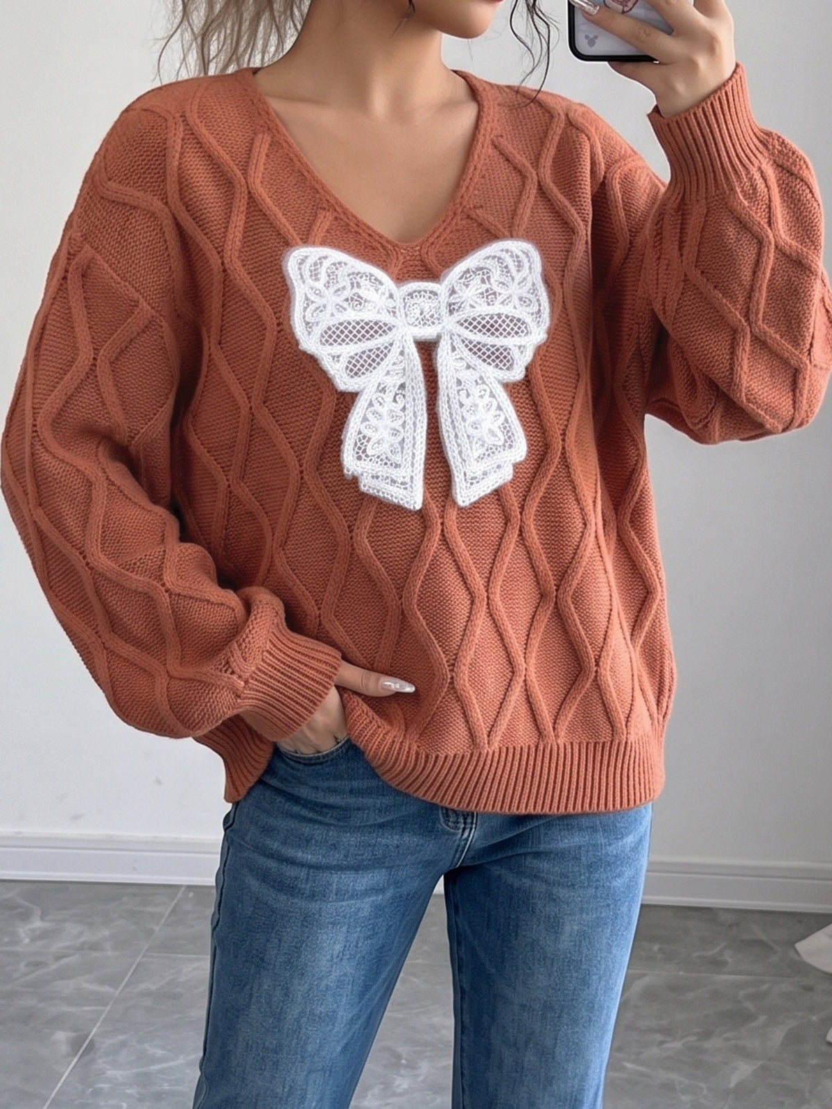 Women's Lace Bow Cable Knit V-Neck Balloon Sleeve Sweater