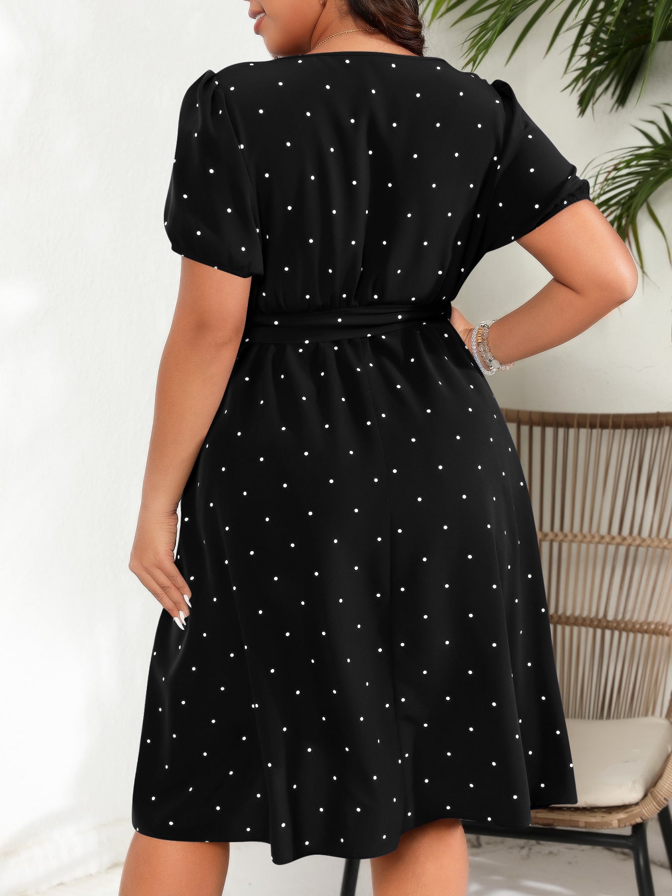 Plus Size Tie Waist Polka Dot Midi Dress