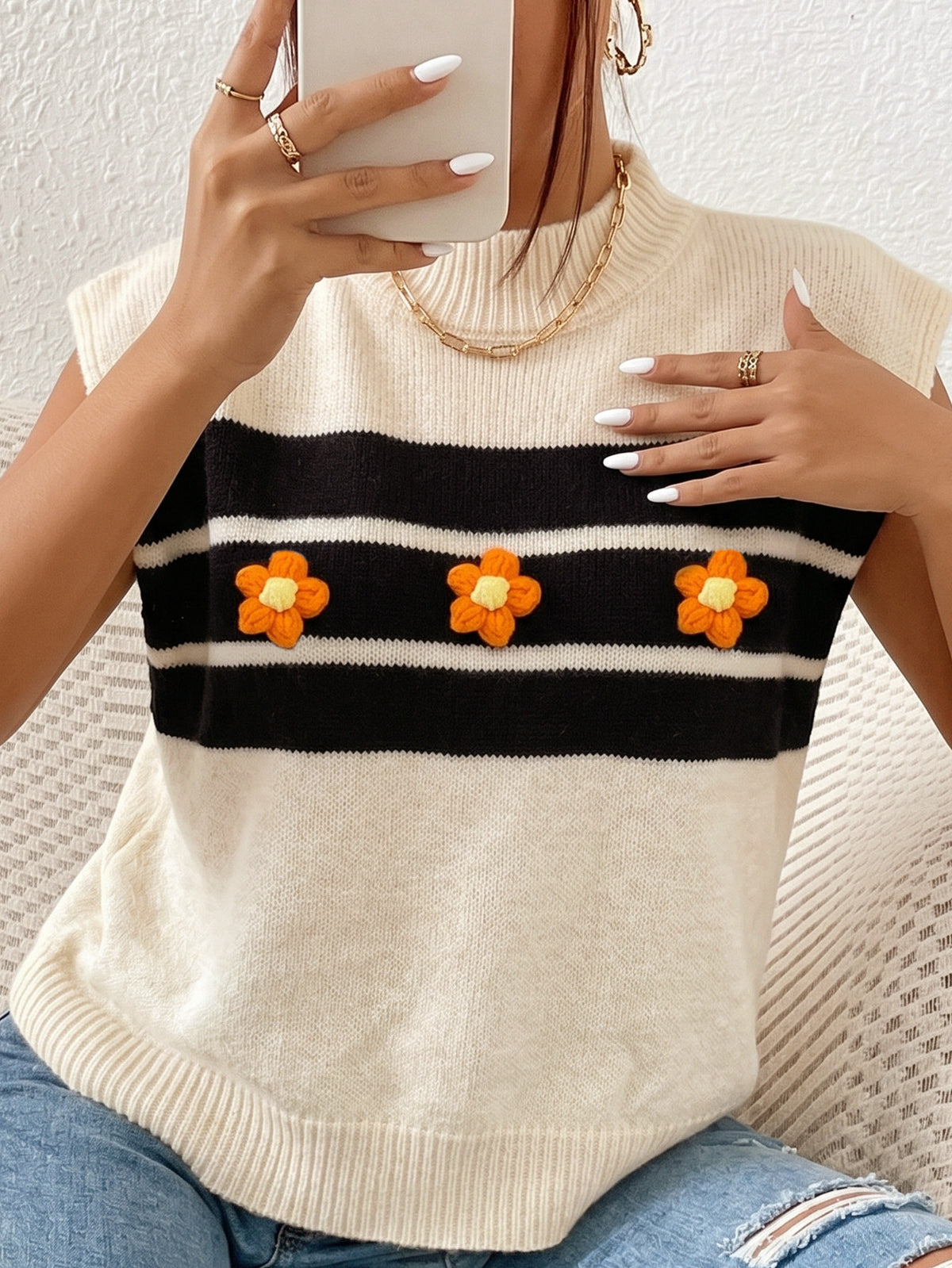 Women's Striped Crochet Flower Sweater Vest