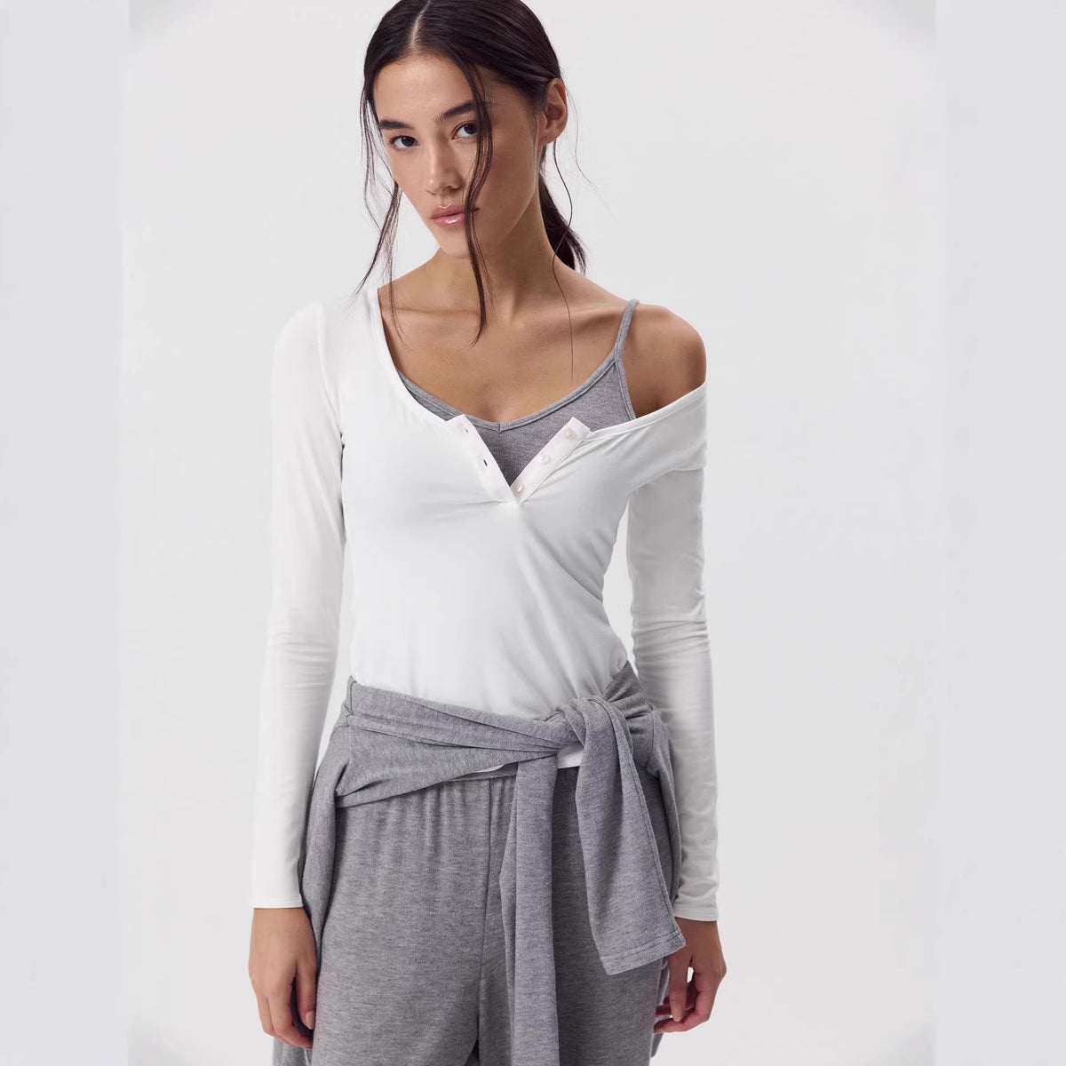 Women's Soft Modal Long Sleeve U-Neck Button Fitted Top