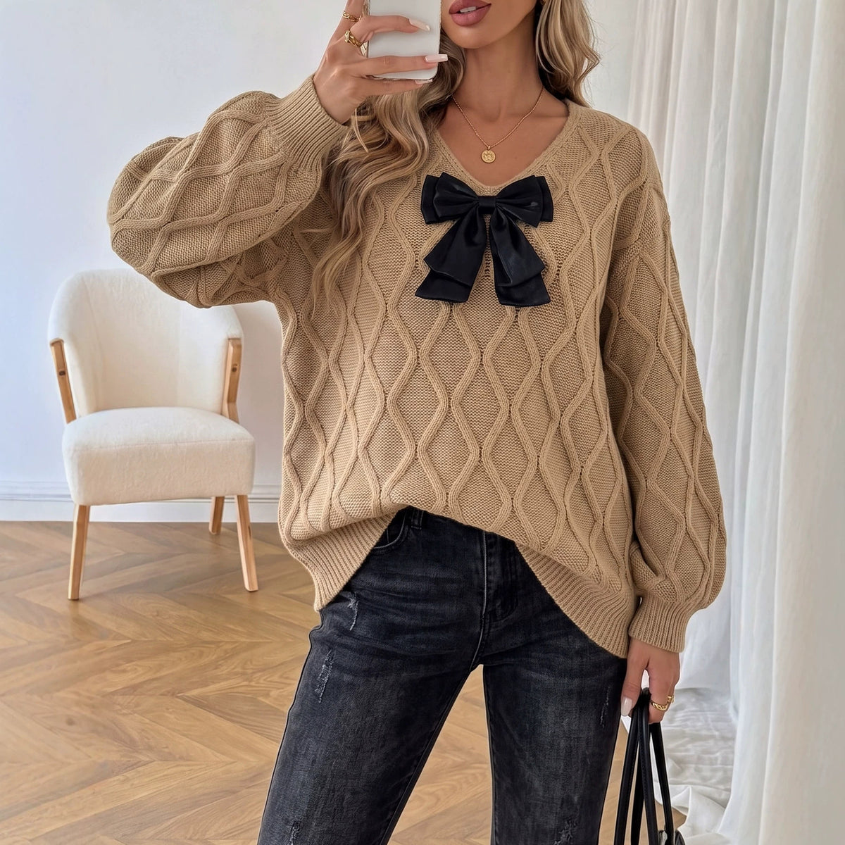 Womens V Neck Bow Sweater Oversized Cable Knit Pullover