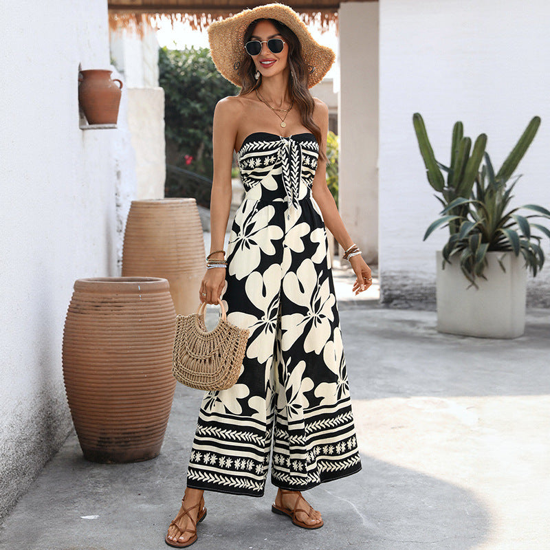 Black Floral Strapless Backless Wide Leg Jumpsuit