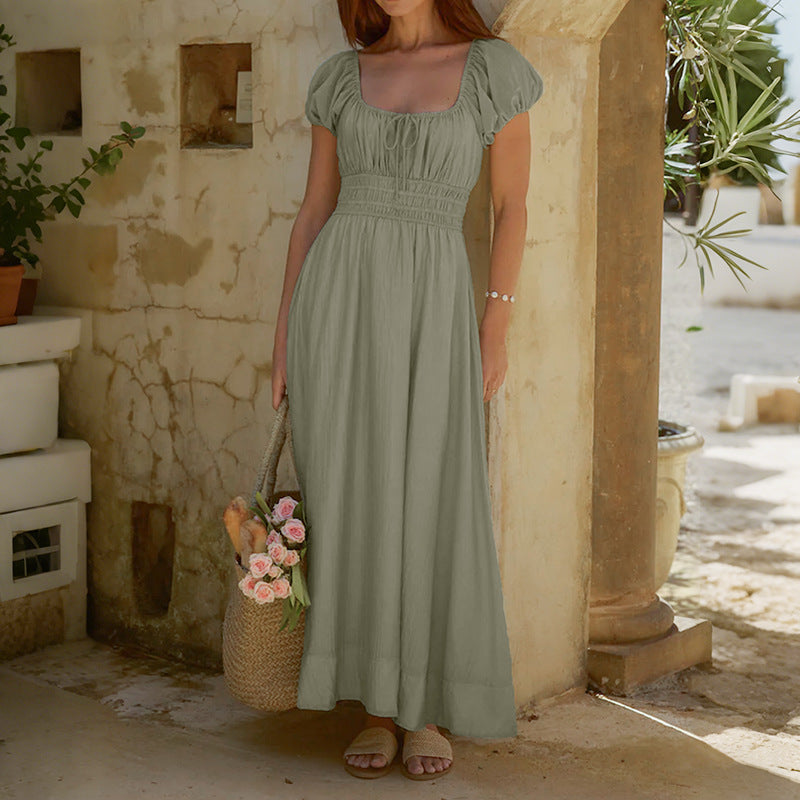 Green Square Neck Puff Sleeve Maxi Dress Cottagecore