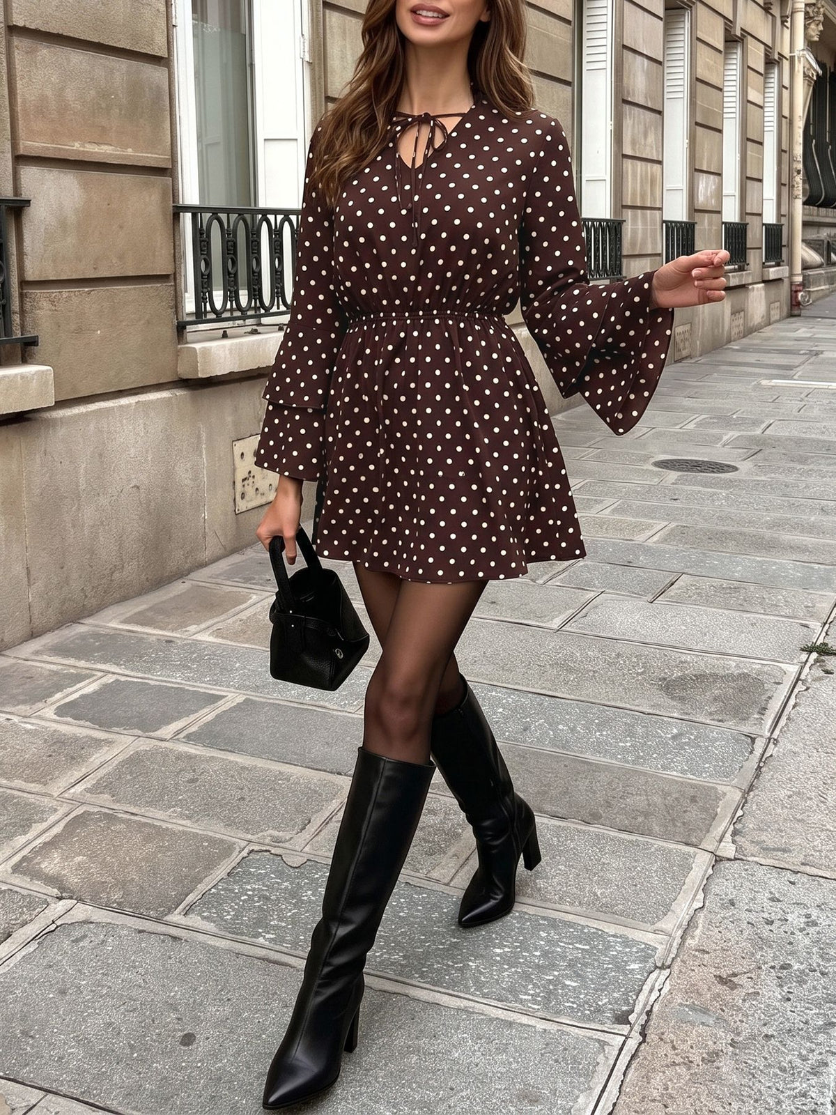 Women's Brown Polka Dot V-Neck Bell Sleeve A-Line Mini Dress