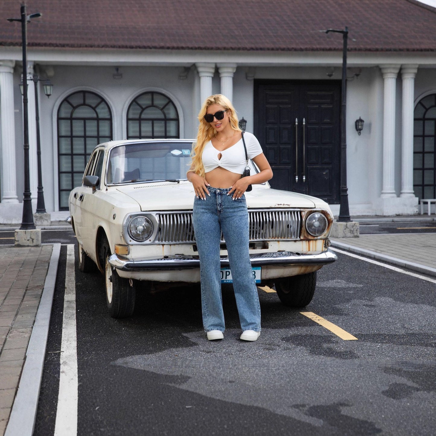 High Waist Washed Wide Leg Denim Jeans for Women