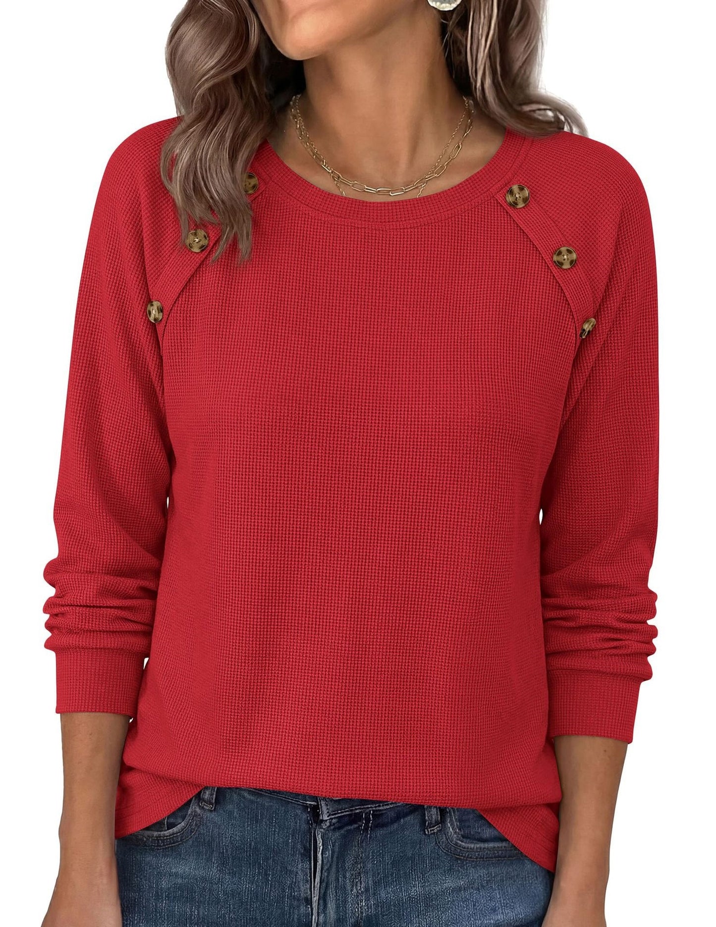 Waffle Knit Button Detail Top Long Sleeve Casual Pullover