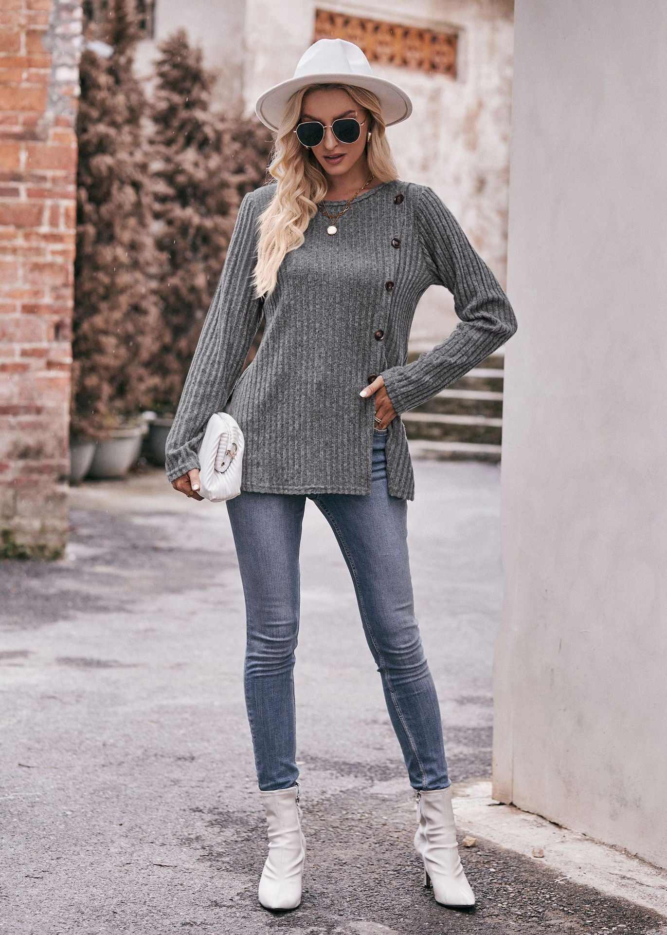 Women's Solid Color Crew Neck Slit Button