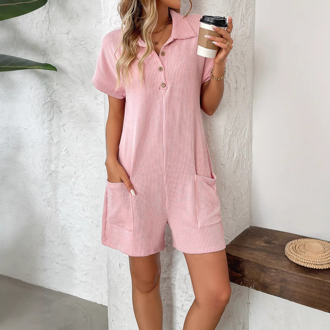 Ribbed Polo Collar Button Up Romper with Pockets