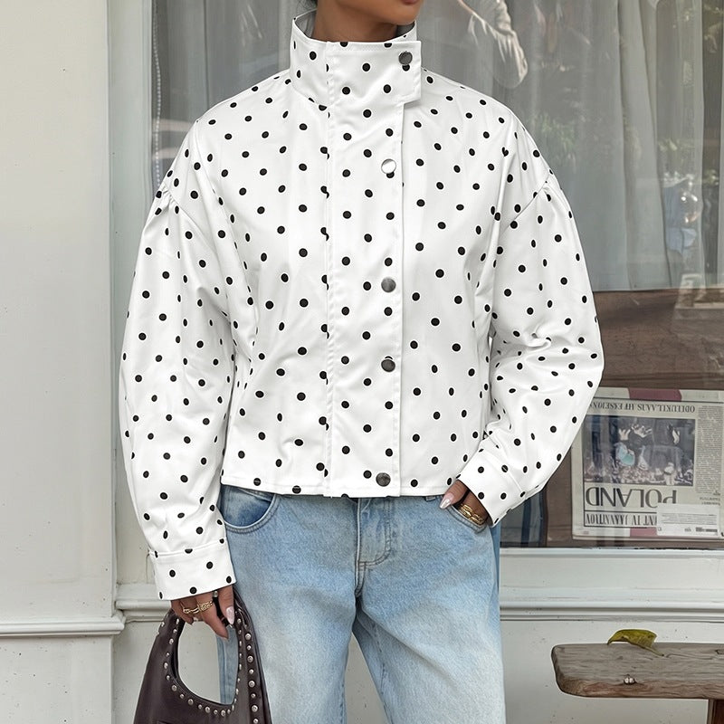 Polka Dot Cropped Zip Up Collared Jacket