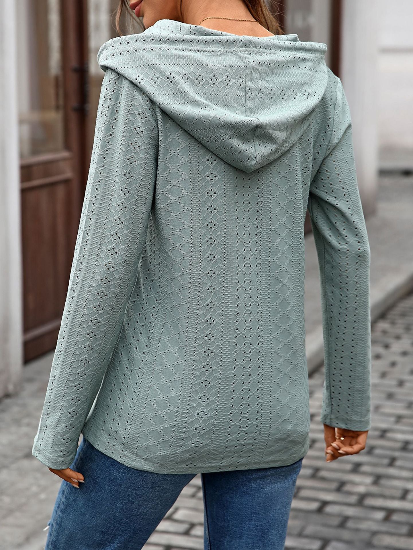 Eyelet Knit Hooded Tunic | Lightweight Button-Front Pullover