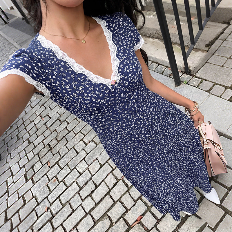 Floral Lace Maxi Dress Short Sleeve Cottagecore Midi