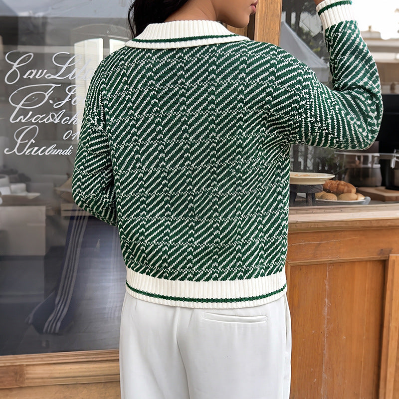 Contrast Polo Neck Knit Sweater Half Zip Casual Pullover