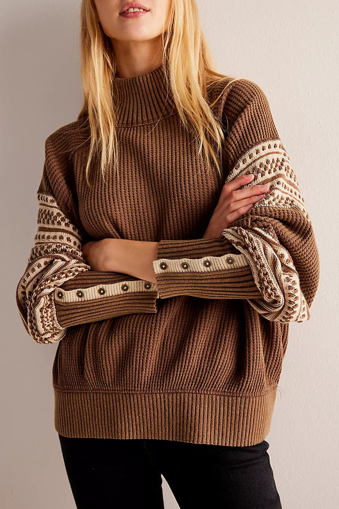 Women Oversized Mock Neck Chunky Boho Knit Sweater