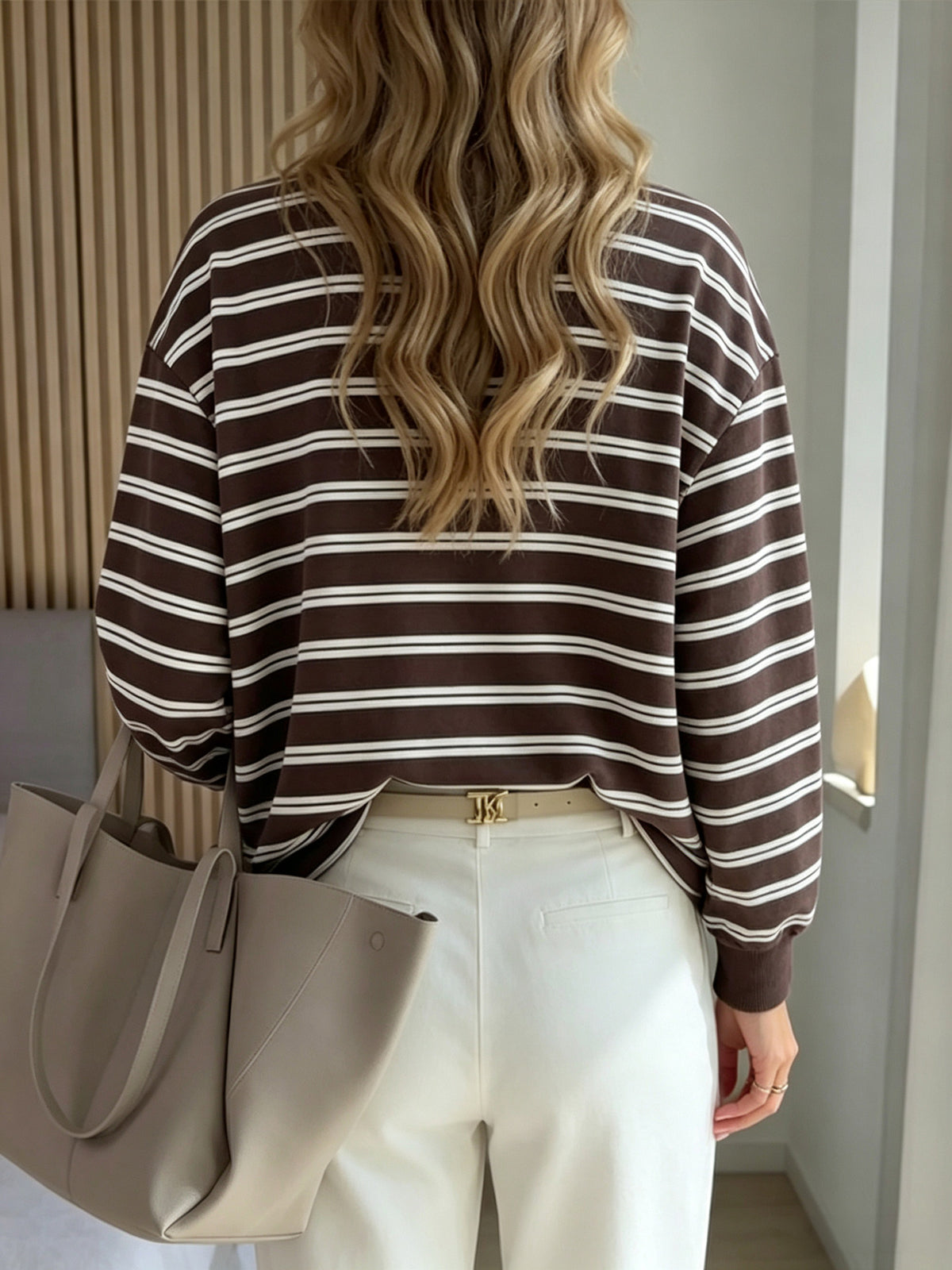 Women's Brown Striped Crewneck Long Sleeve Sweatshirt
