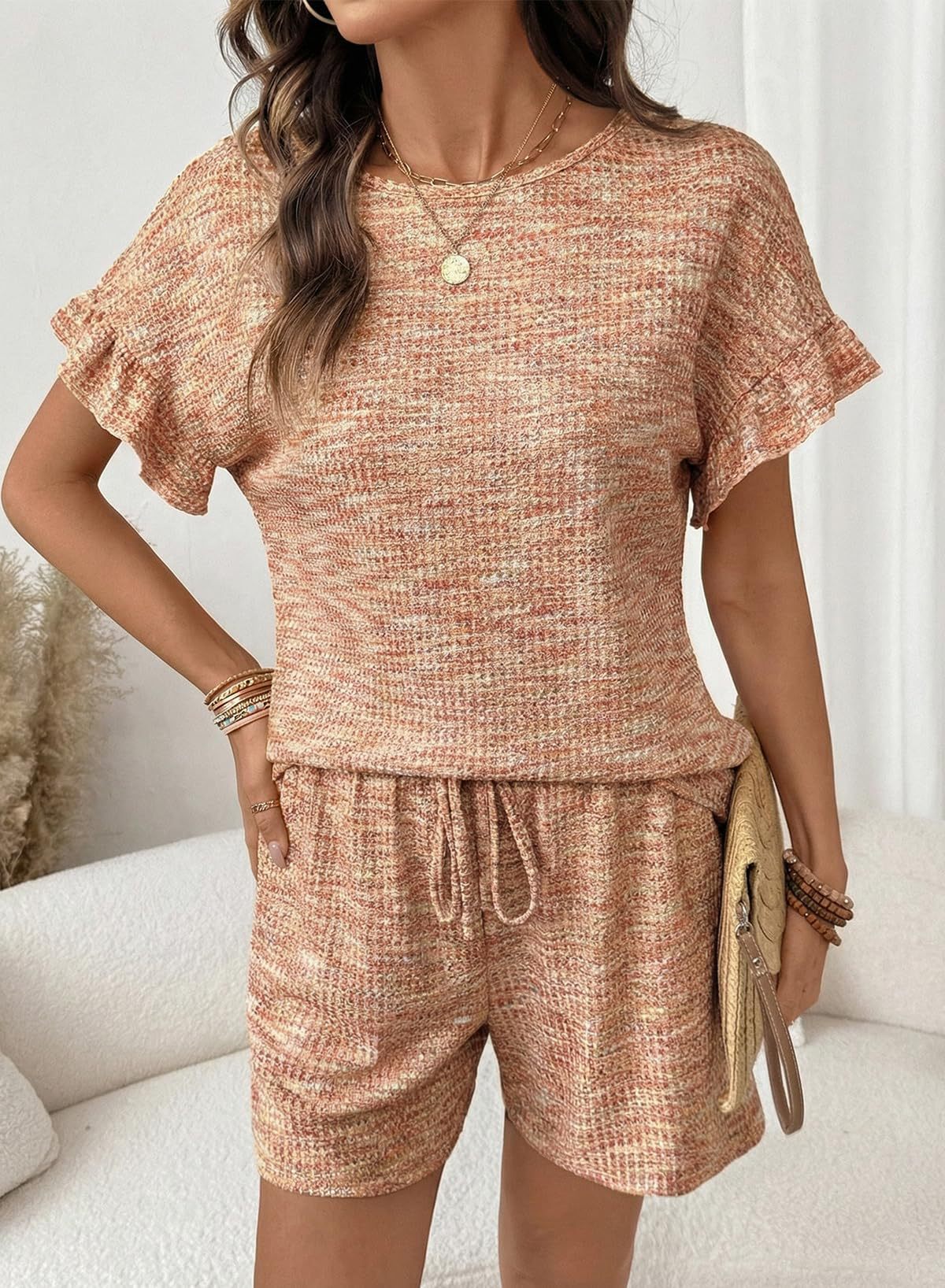 Textured Knit Lounge Set Ruffle Sleeve Drawstring Shorts
