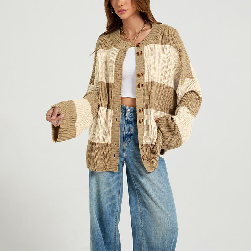 Oversized Color Block Chunky Knit Cardigan Sweater