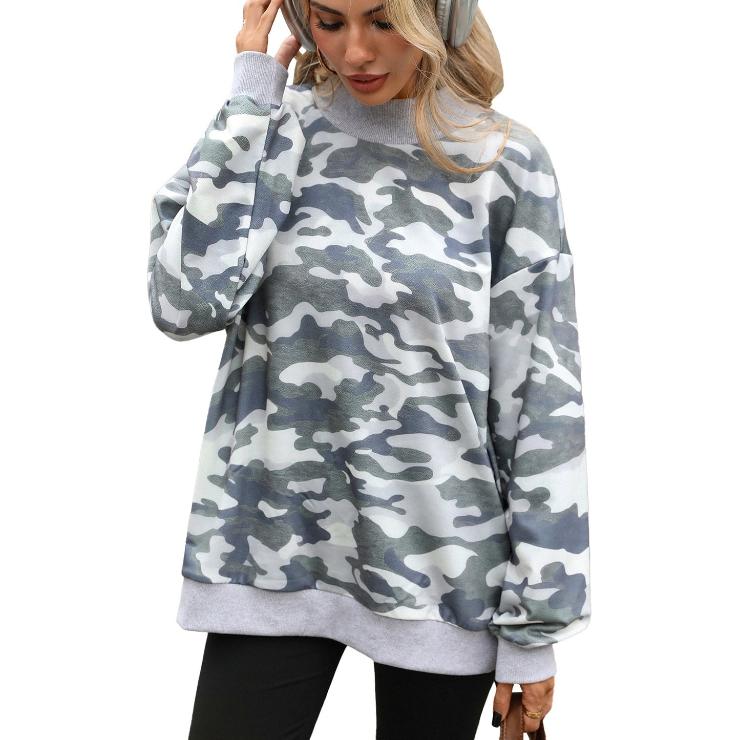 Camo Print Oversized Crew Neck Pullover Sweatshirt