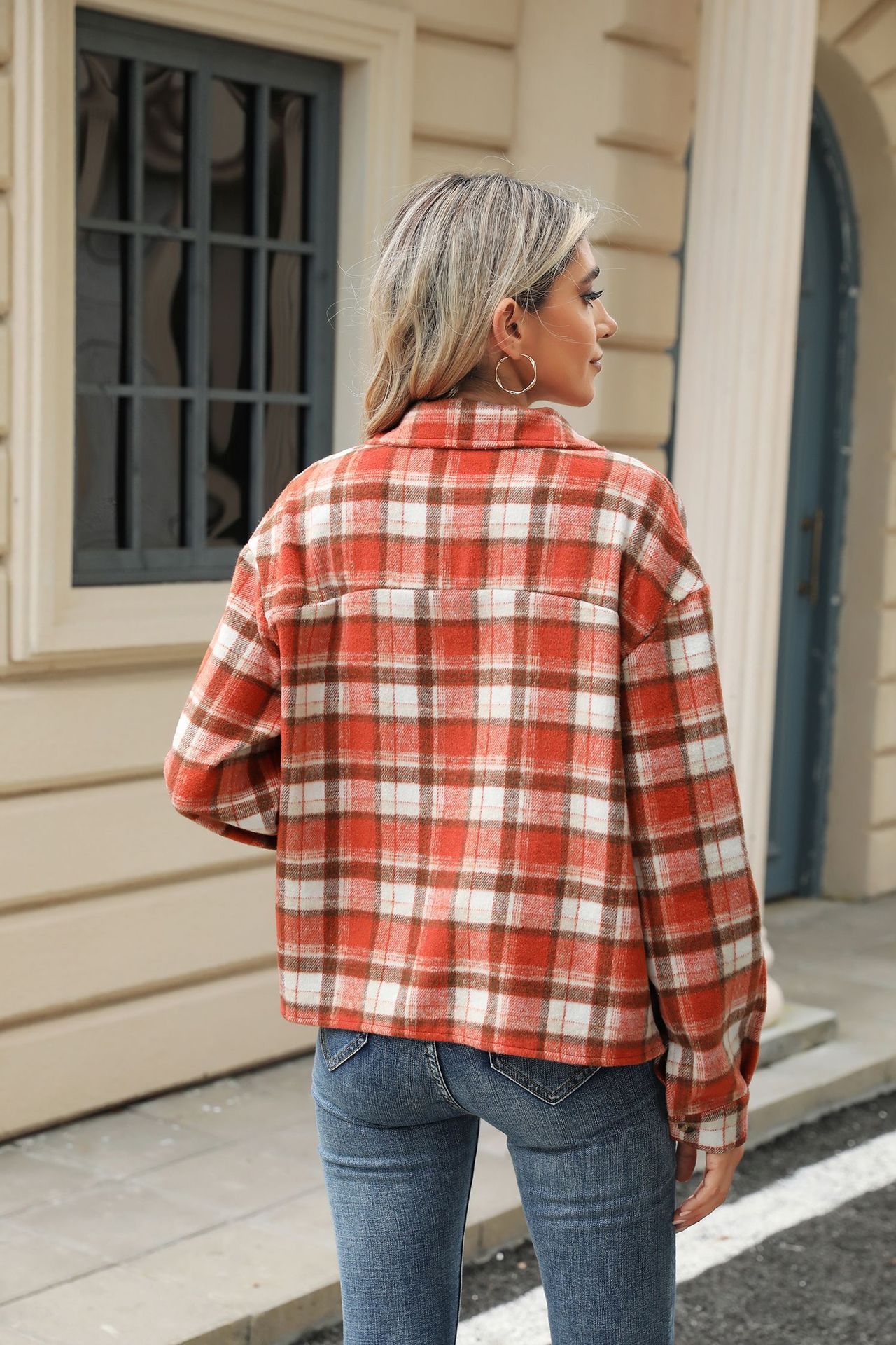 Long Sleeve Loose Pocket Plaid Top Wool Jacket