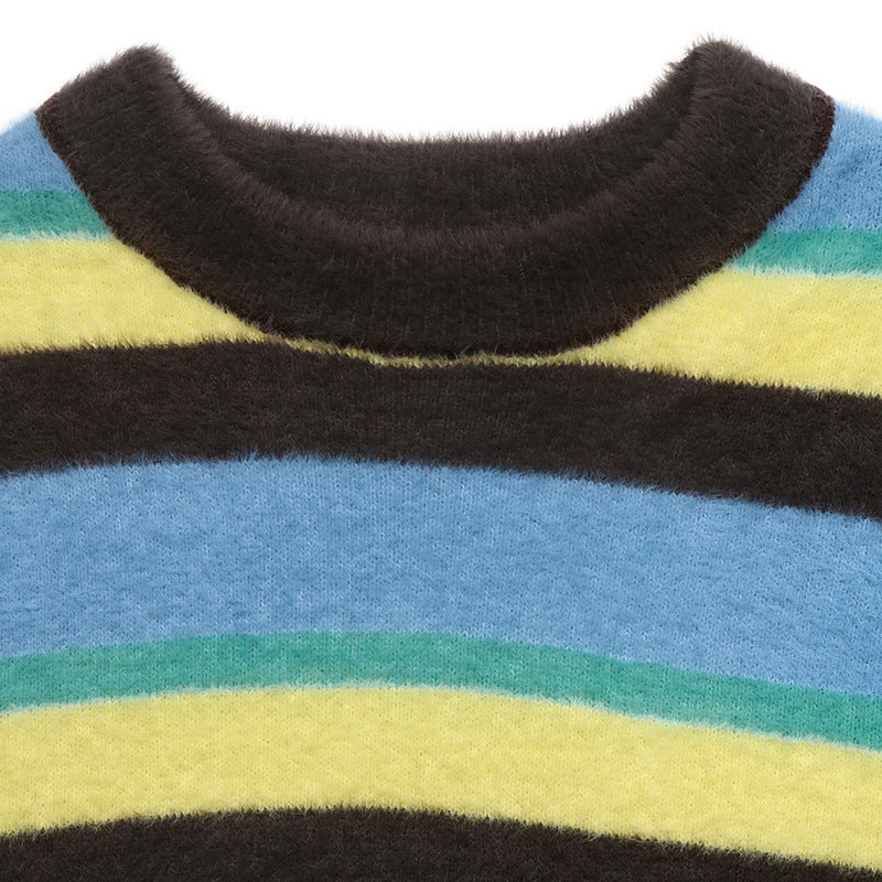 Oversized Color Block Striped Fuzzy Crew Neck Sweater