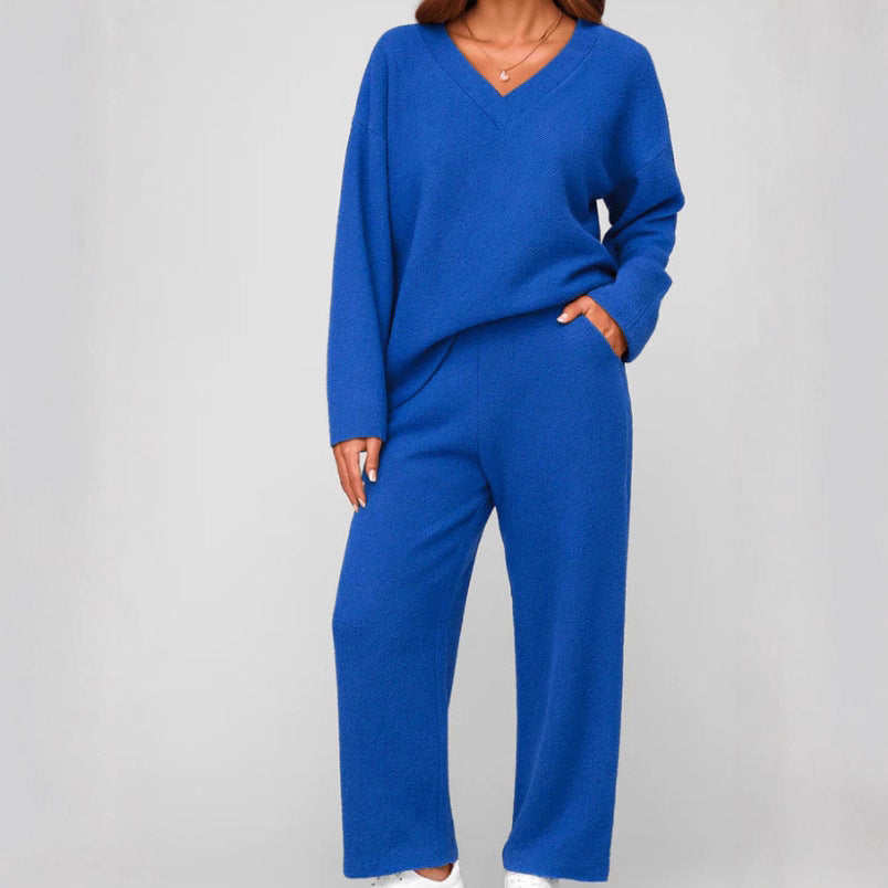 Women's V-Neck Knit 2 Piece Lounge Set Wide Leg Pants