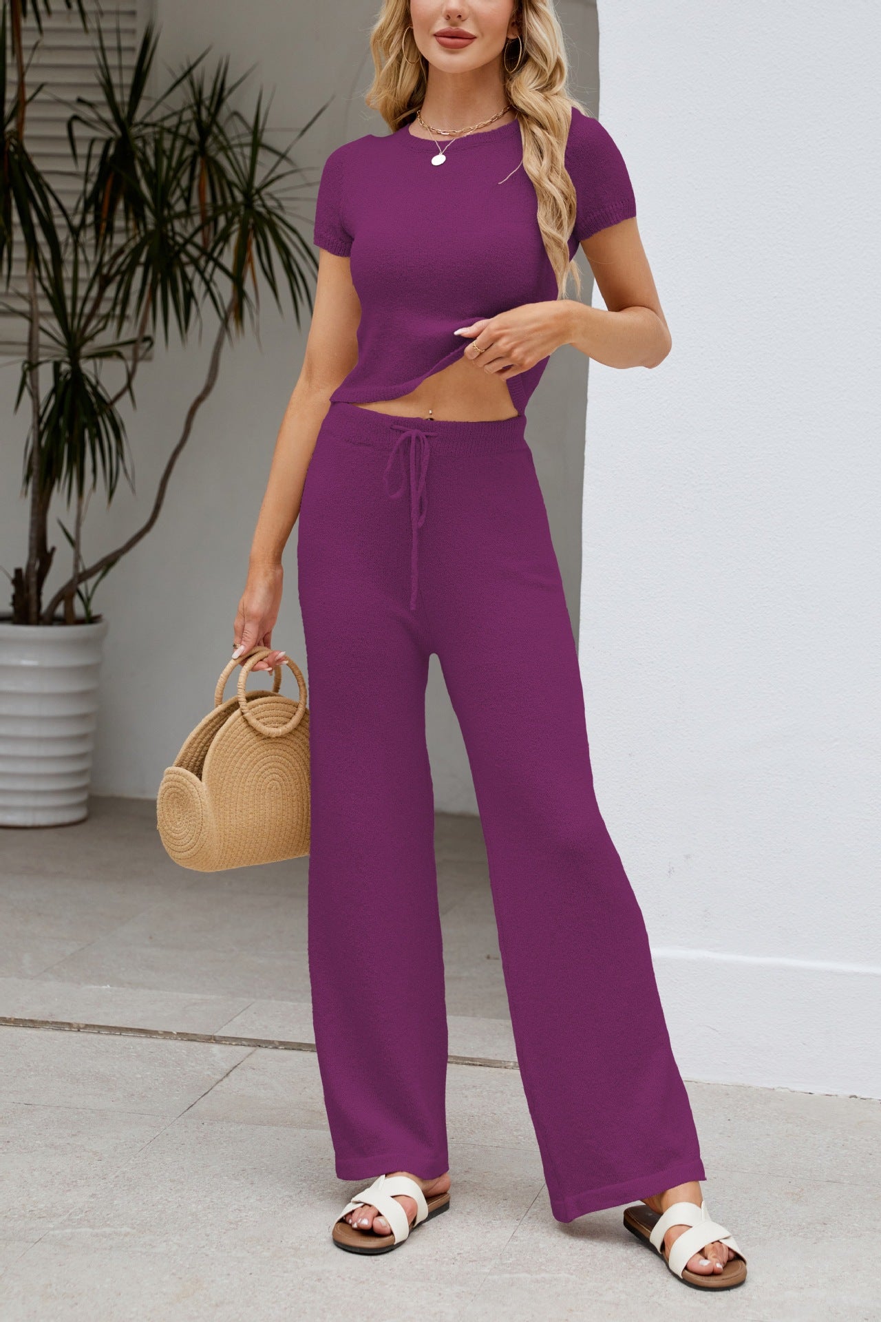 Solid Knit Short Sleeve Top and Pants Set