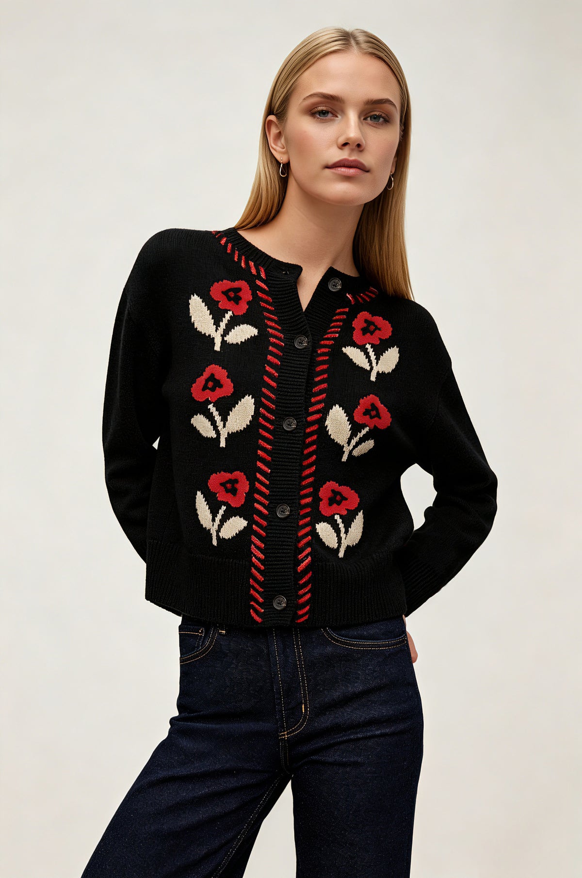 Women's Vintage Floral Knit Button Cardigan