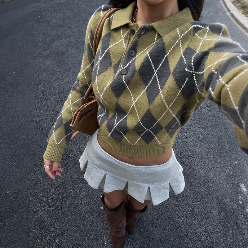 Women's Argyle Collared Sweater Long Sleeve Pullover Green