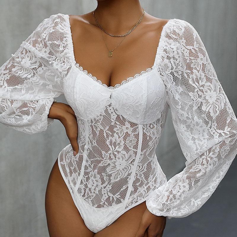 Women's Black Lace Bodysuit Long Sleeve V-Neck Sexy Top