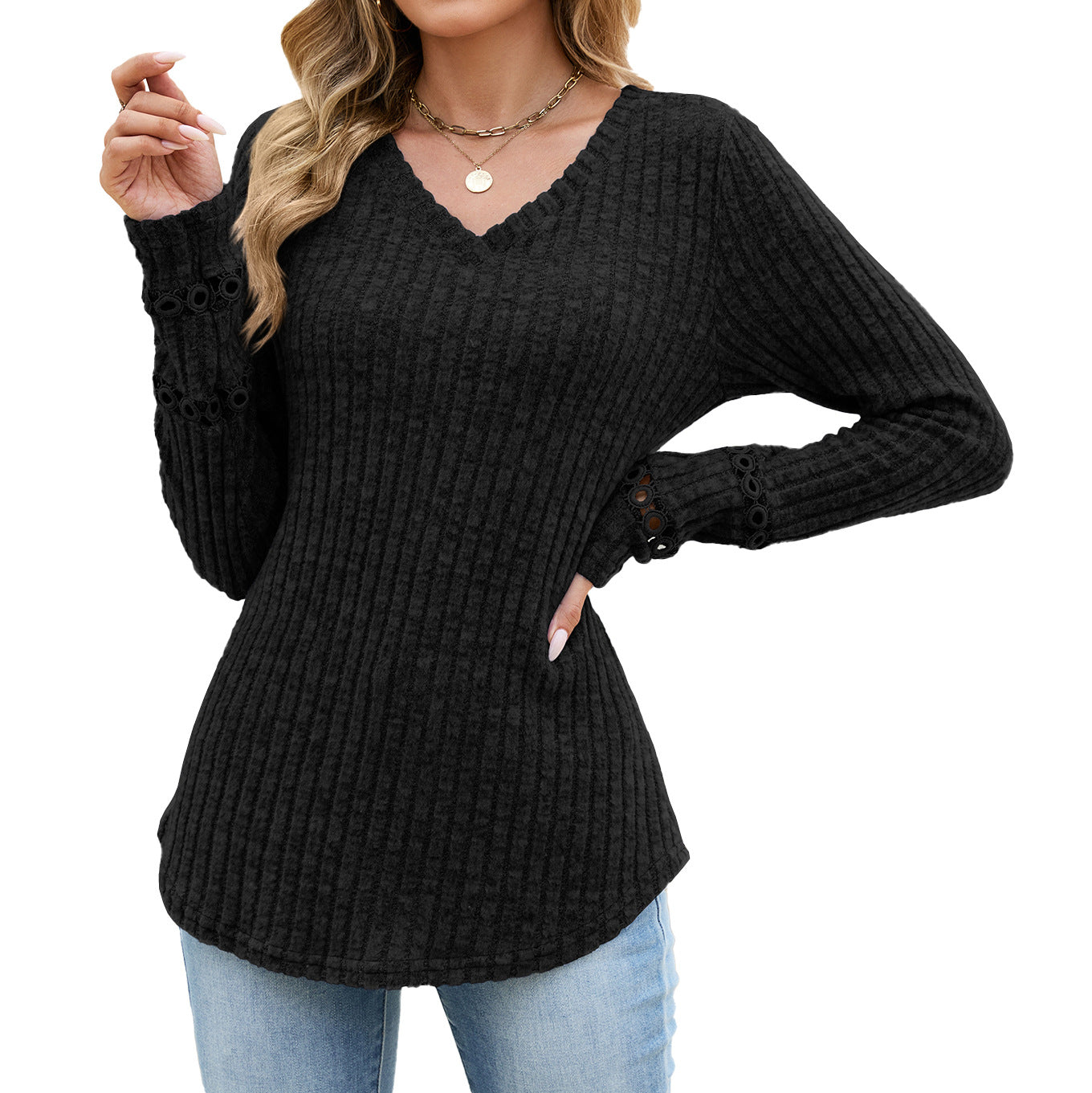 Solid Ribbed Knit Top V Neck Trendy Long Sleeve
