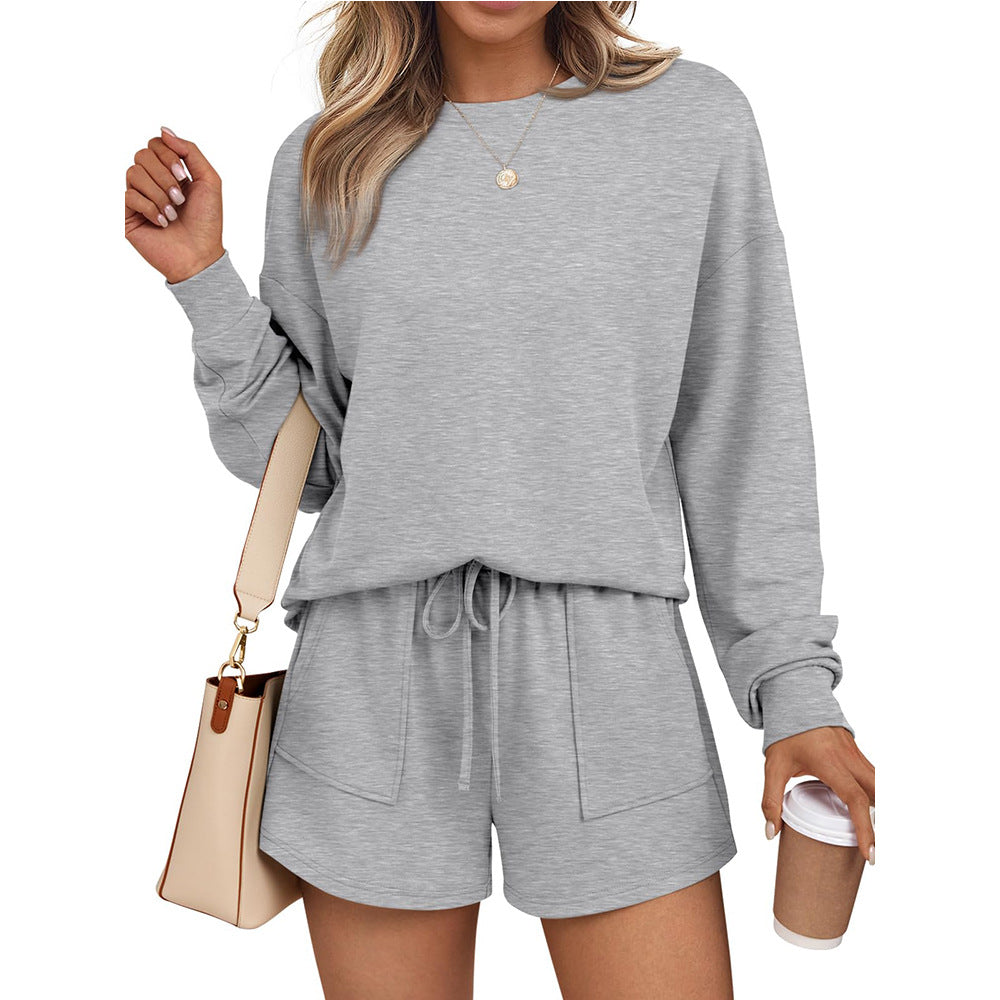 Women's Fall 2 Piece Lounge Set Long Sleeve Top and Shorts