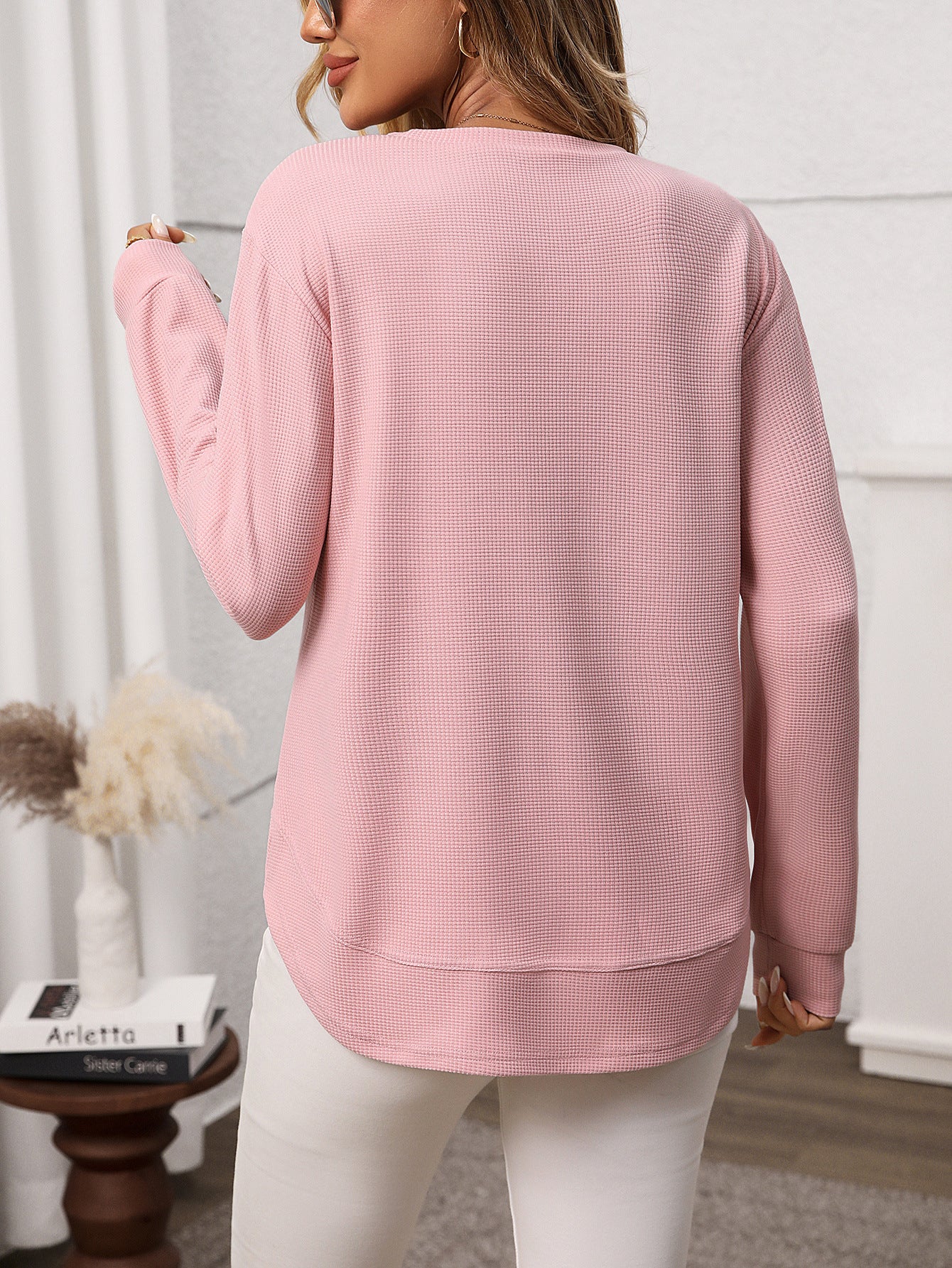Waffle Knit Long Sleeve Top Relaxed Fit Casual Pullover