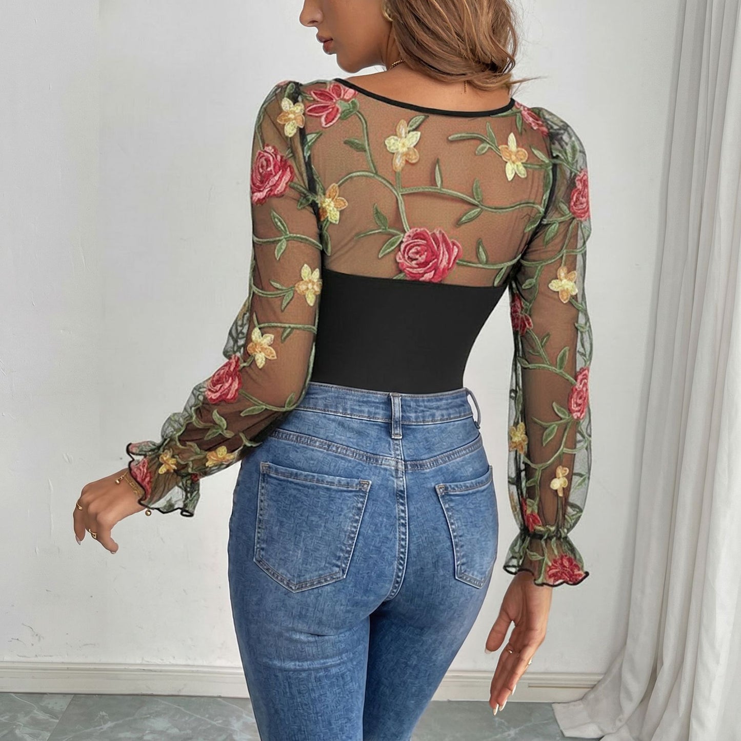 Floral Mesh Sleeve Square Neck Bodysuit