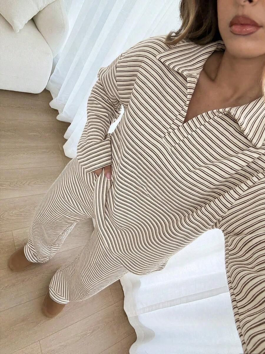 Striped Lounge Set Casual Collared Pullover Wide Leg Pants