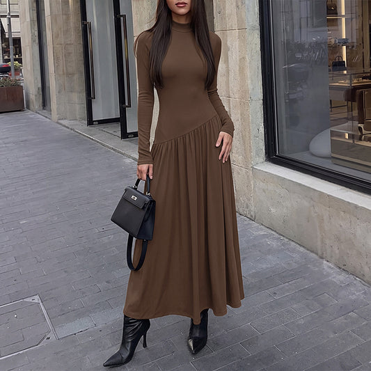 Mock Neck Knit Midi Dress Long Sleeve High Waist A Line
