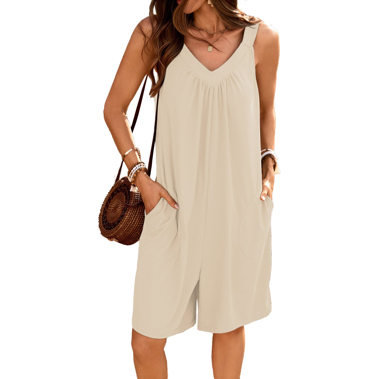 Loose Fit V-Neck Sleeveless Romper with Pockets