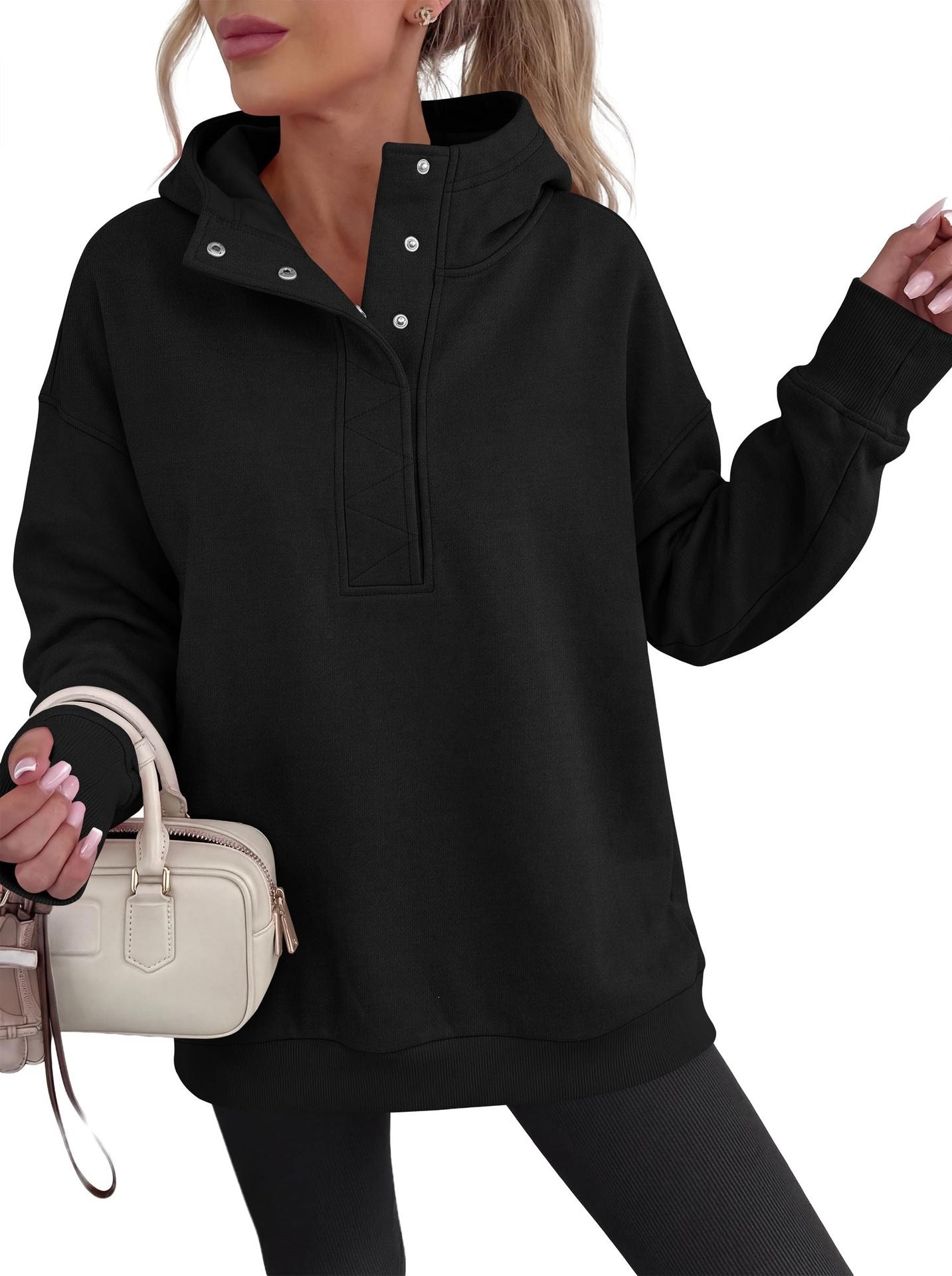 Solid Cotton Blend Hoodie Casual Oversized Snap Neck
