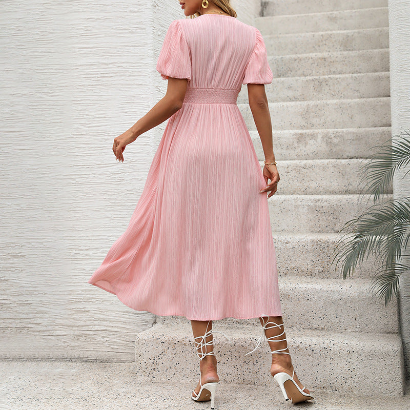 Women's Pleated Short Puff Sleeves Summer Midi Dress