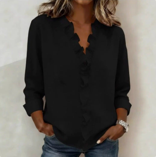 Ruffle Trim V Neck Long Sleeve Button Blouse