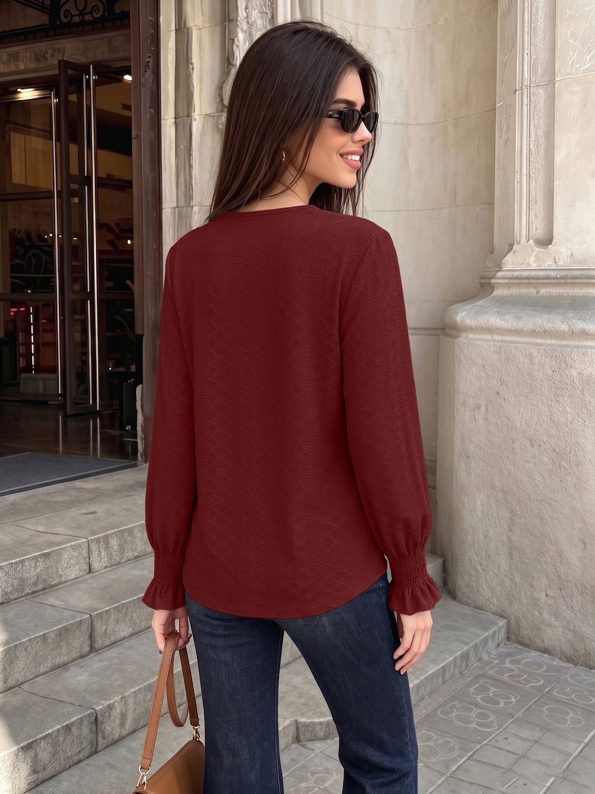 V-Neck Lace Trim Smocked Cuff Long Sleeve Blouse