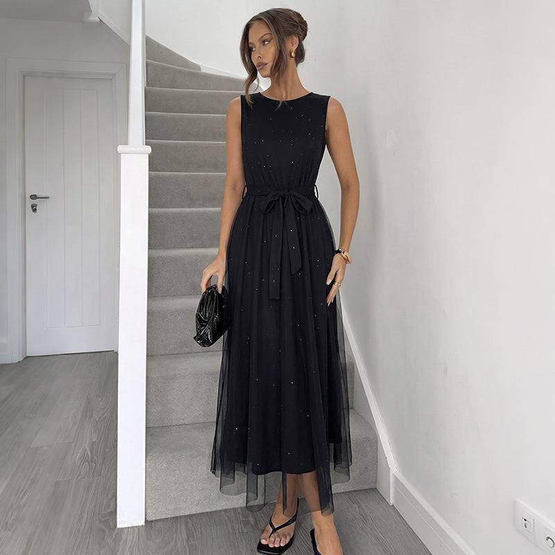 Black Mesh Maxi Dress Elegant Sleeveless Party Dress