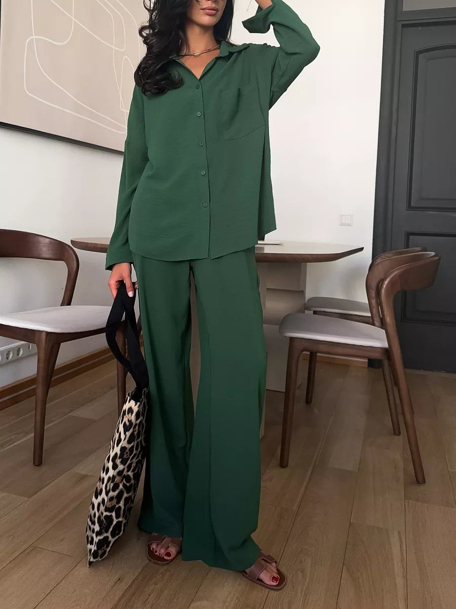 Two Piece Pants Set with Button-Down Shirt & Wide-Leg Pants