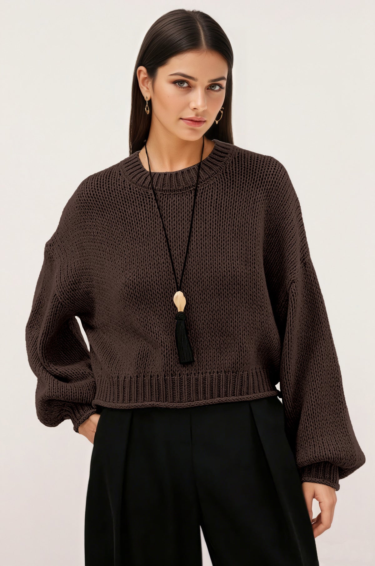 Women's Oversized Cropped Chunky Crew Neck Sweater