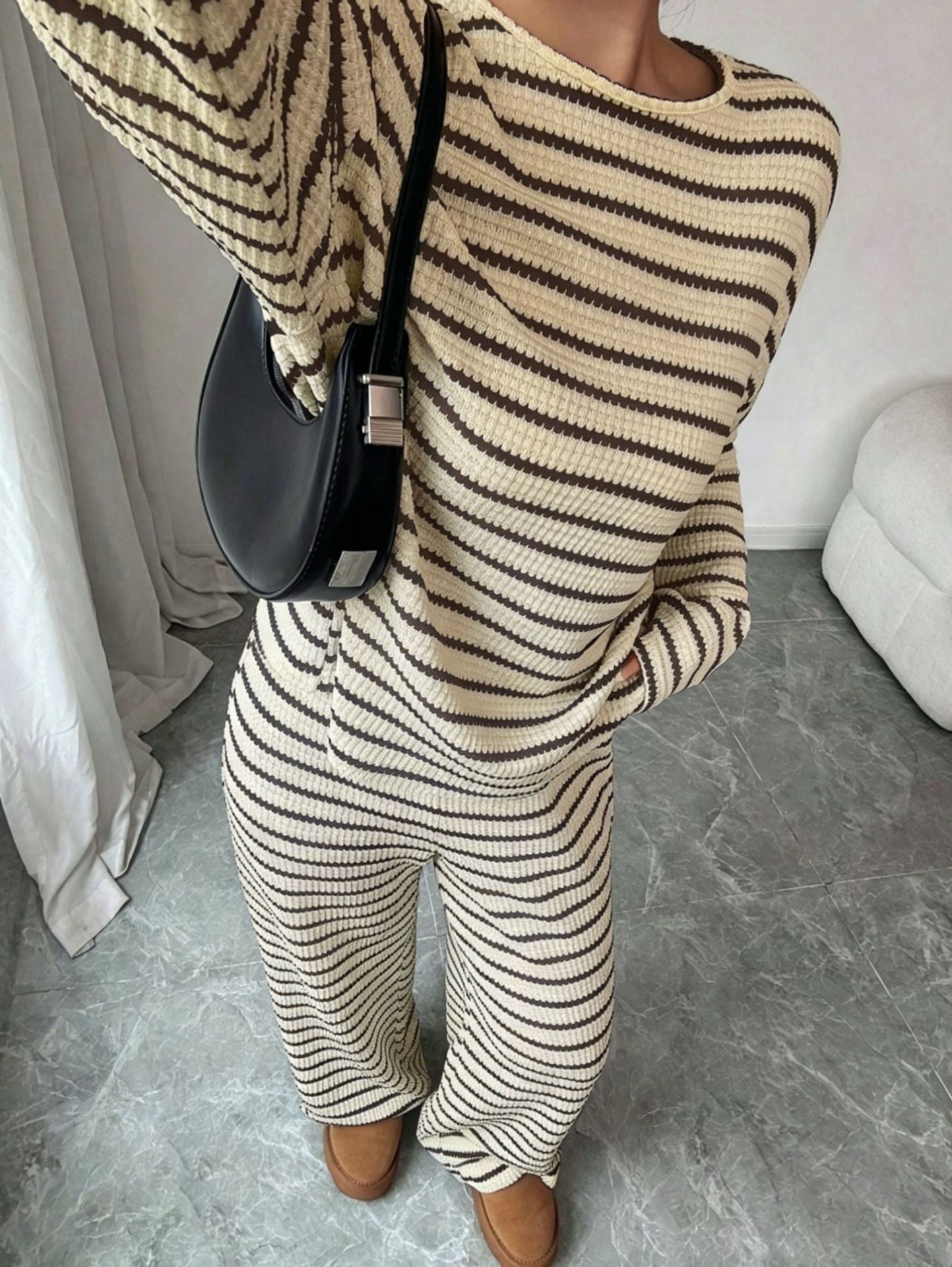 Striped Knit Jumpsuit Boutique Wide Leg Ribbed Loungewear