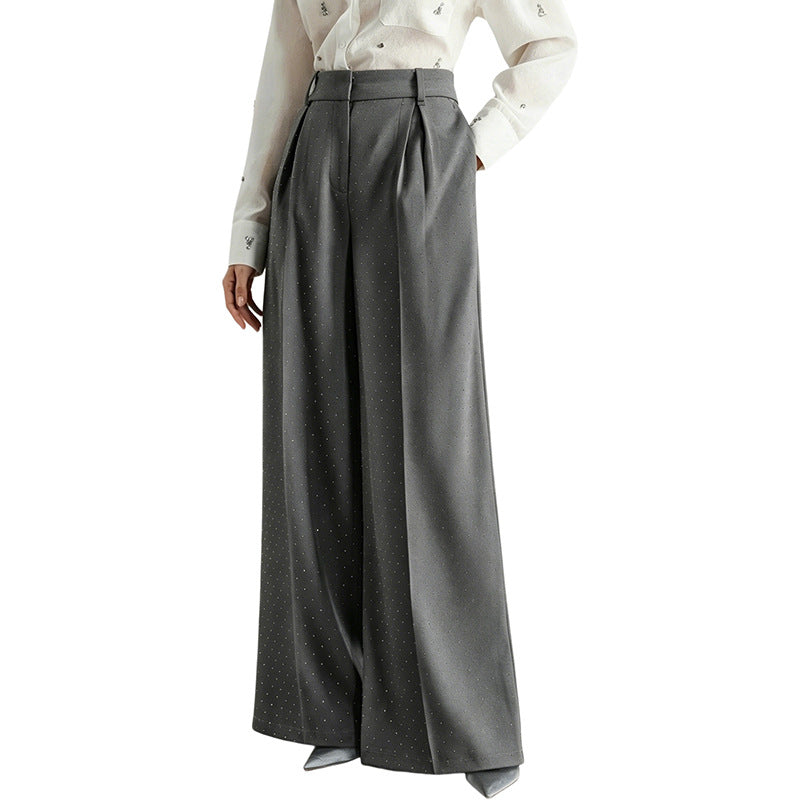 Rhinestone High Waist Pleated Wide Leg Dress Pants