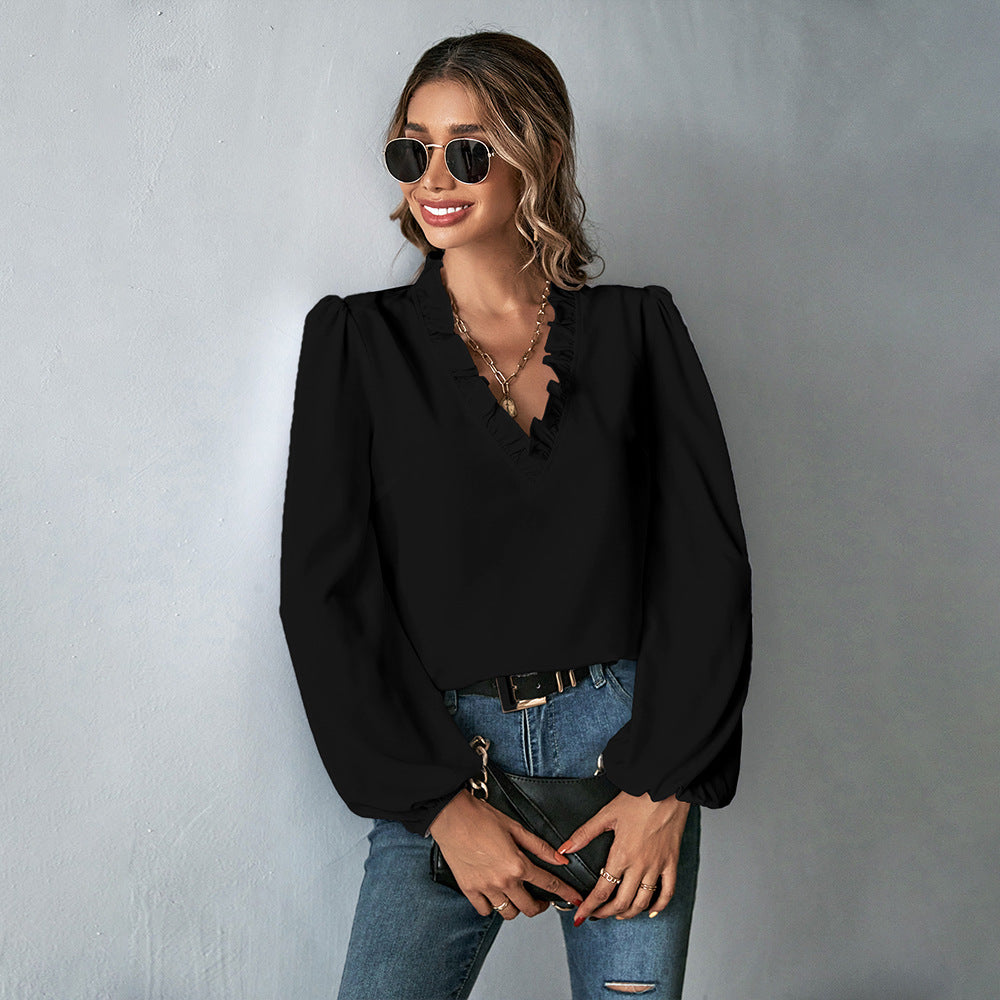Ruffle V Neck Puff Sleeve Dressy Blouse