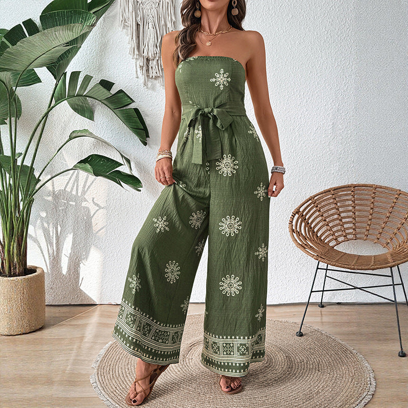 Green Strapless Vacation Jumpsuit with Flowy Fit